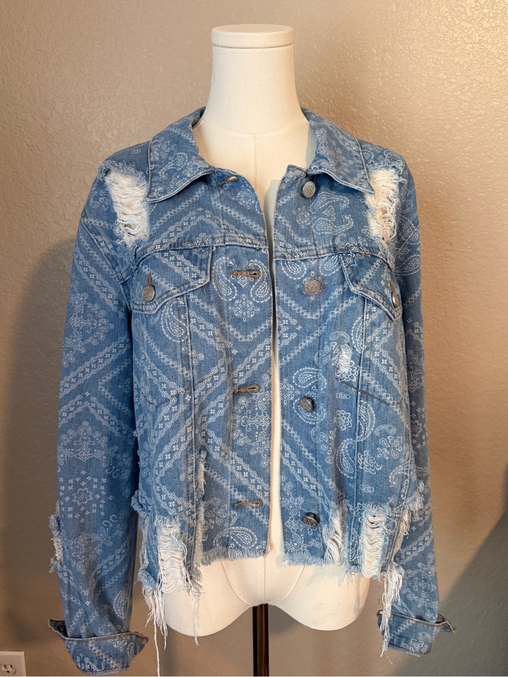 Distressed Light Blue Paisley Denim Jacket- BBJ Los Angeles- bandana print